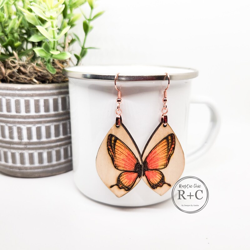 Butterfly Teardrop Dangle Earrings, Hypoallergenic, Stainless Steel, Wood, Light-weight